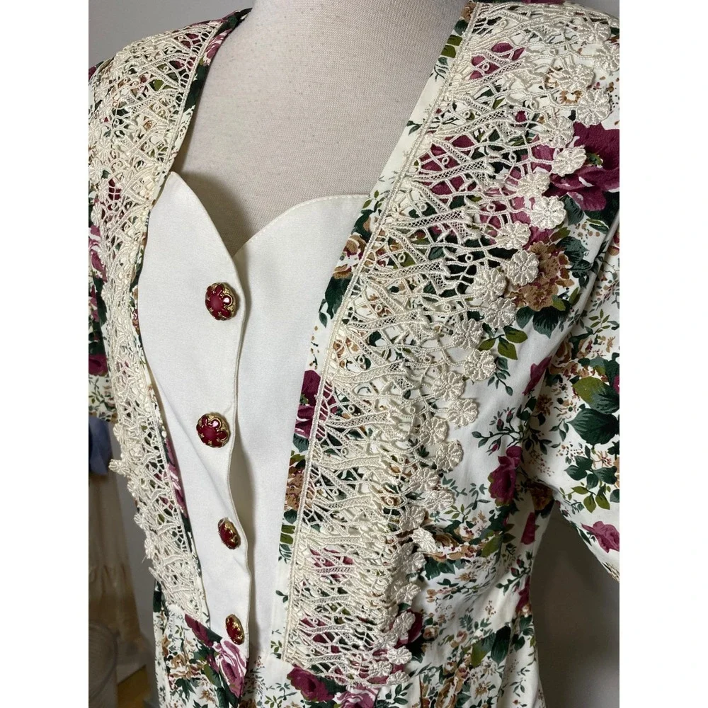 Vintage Asriel USA Floral 2 Piece Skirt Set Lace Trim Crochet Buttons 80s 90s L